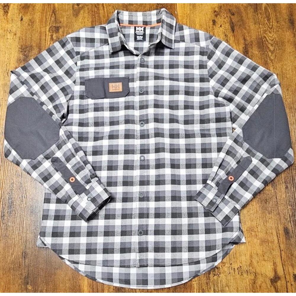 Helly Hansen Workwear Shirt Mens Medium Black Gray Plaid Flannel Elbow Patch‎